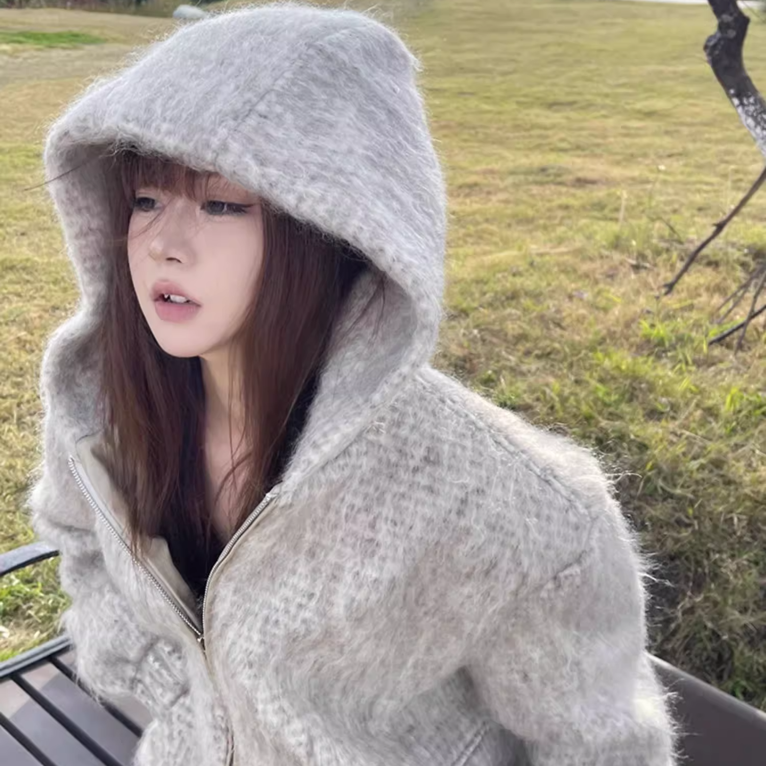 骨格ウェーブ もこもこ フード付き ニットパーカー ゆったり